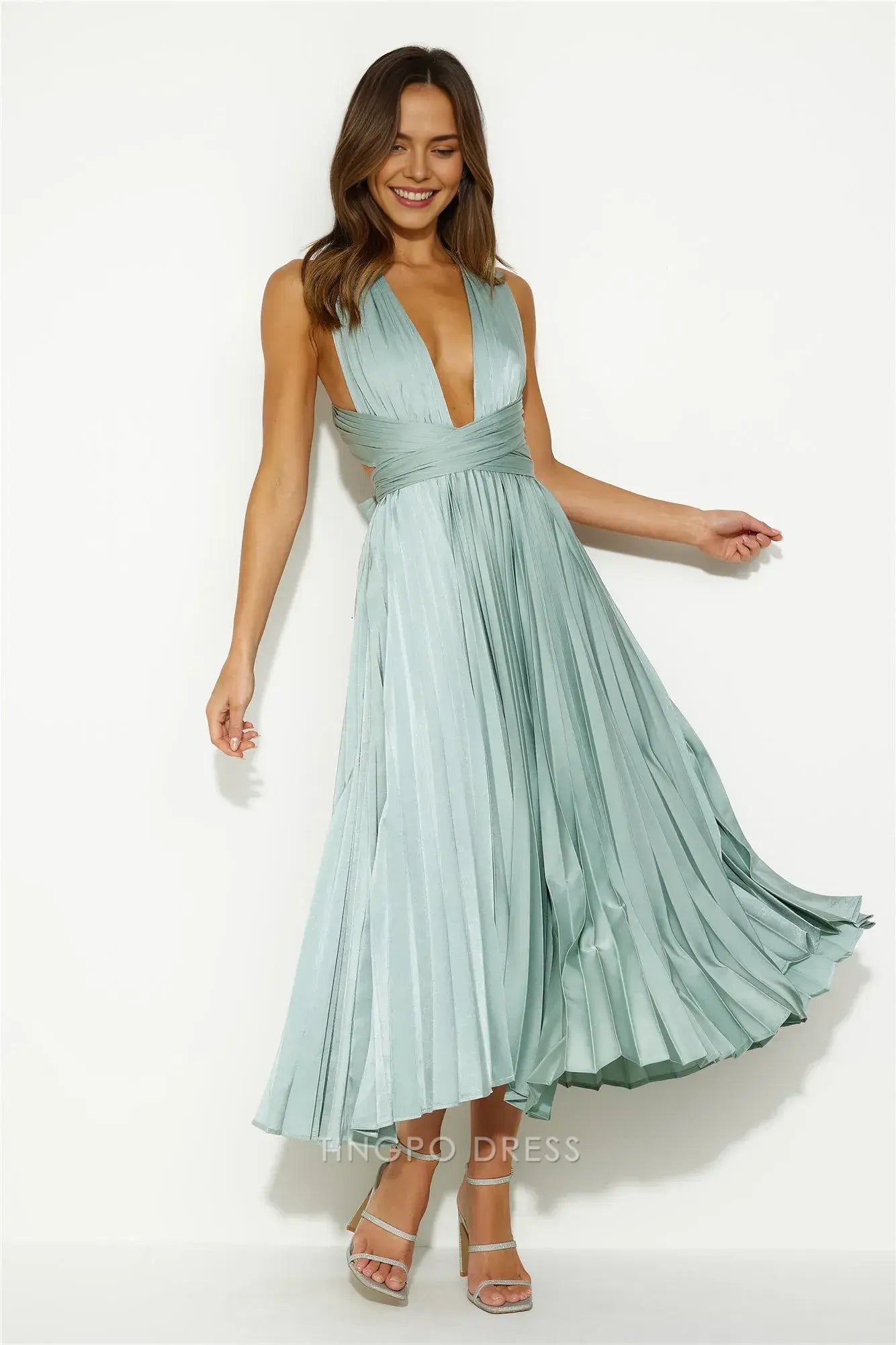 Vintage A-Line V Neck Sleeveless Lace Up Tea-Length prom dress
